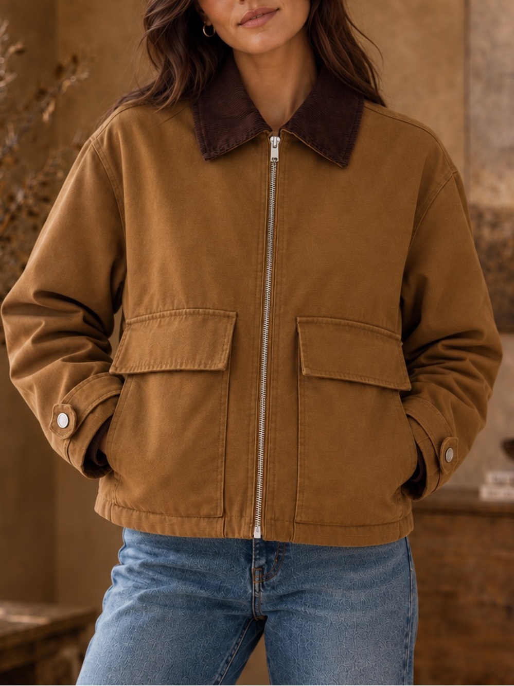 House of Harlow 1960 Barn Jacket with Dark Brown Corduroy Collar & Plaid Lining